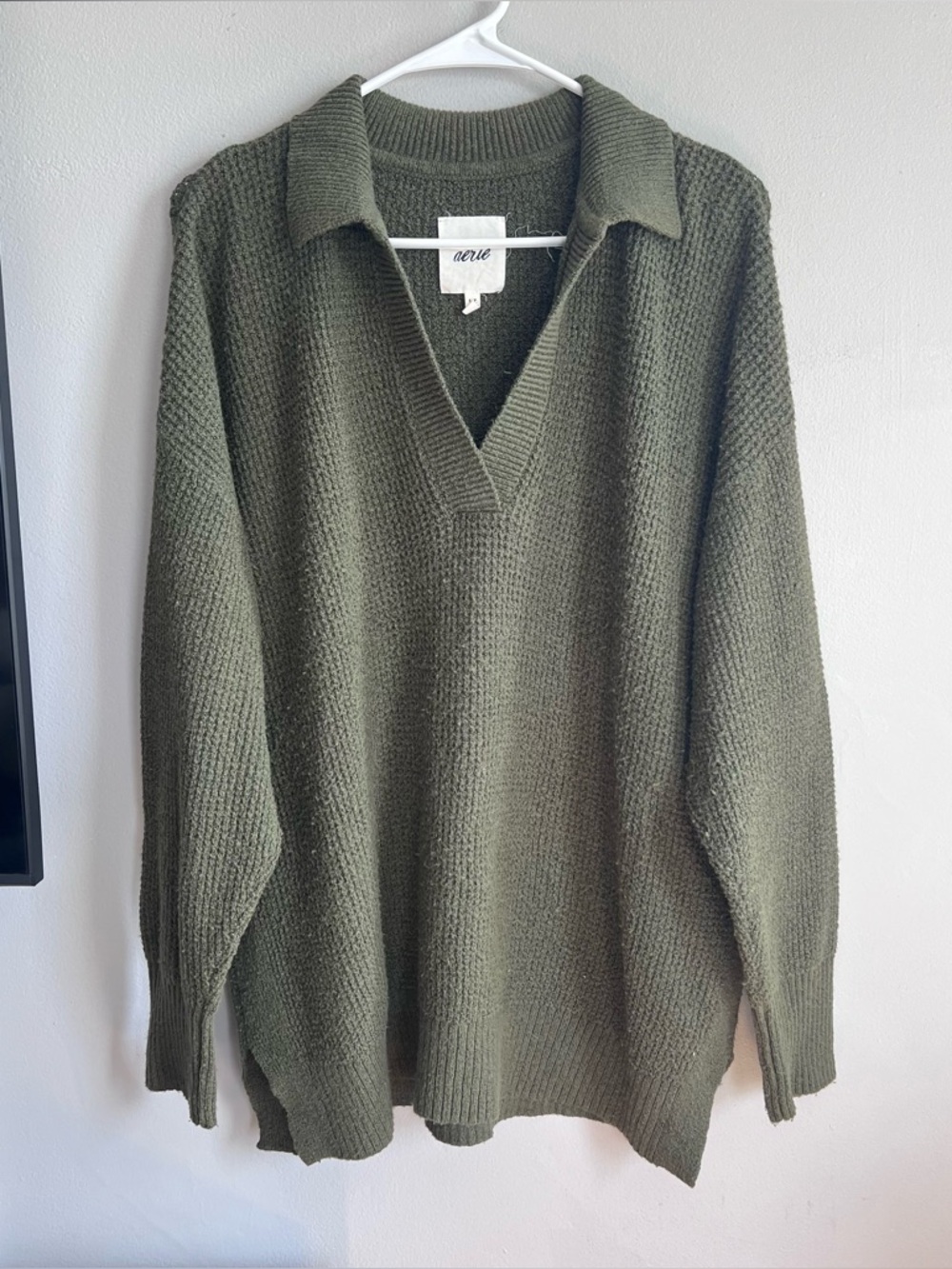 Aerie Cozy Up Waffle Pullover Sweater Johnny‎ Collar Green S Oversized